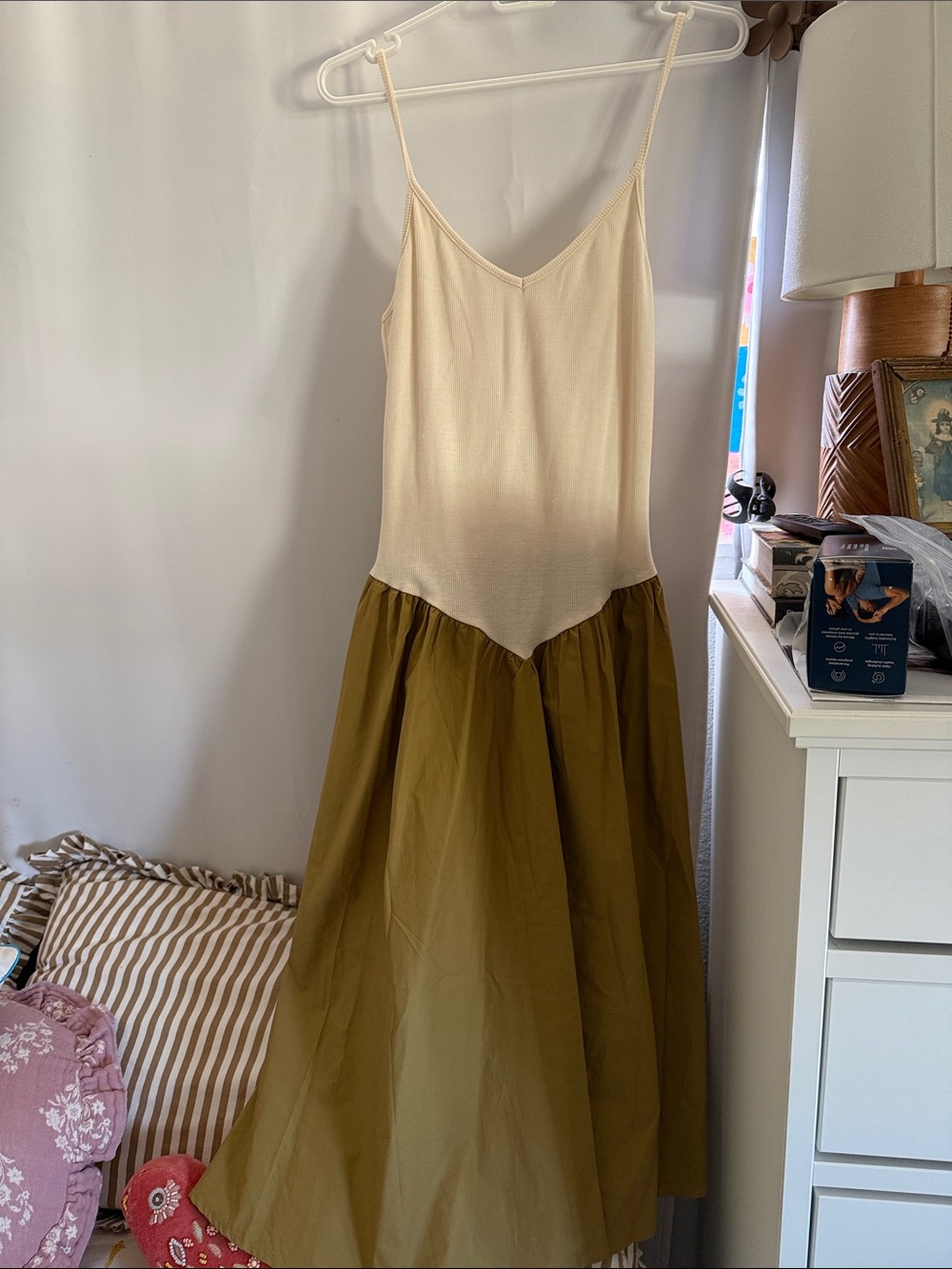 Amazon Two-Tone Spaghetti Strap Maxi Dress in Cream and Olive